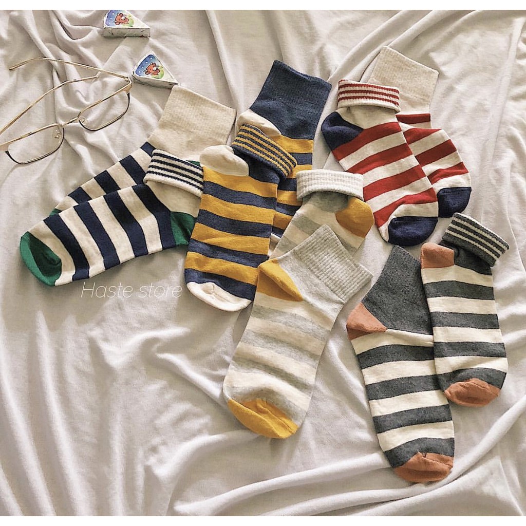 TẤT CAO CỔ NỮ VỚ CAO CỔ NAM Tất sọc khoang 5 màu CAM CAM VINTAGE