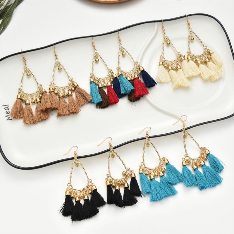 Khuyên tai bông tua rua phong cách bohochic vintage hoạ tiết độc đáo phụ kiện du lịch đi biển bohomian retro Lenvintage