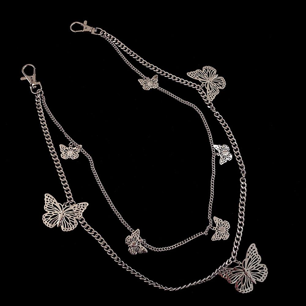 Dây Xích Đeo Thắt Lưng Quần Jean Dài Hai Lớp Họa Tiết Bướm Phong Cách Punk