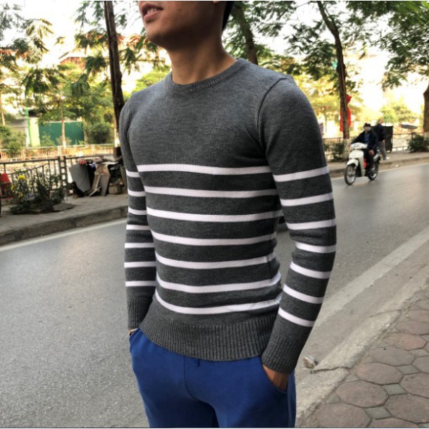 Áo len nam cổ tròn kẻ kiểu dáng Hàn Quốc len dệt kim m9 bền đẹp - aolennamhadinh