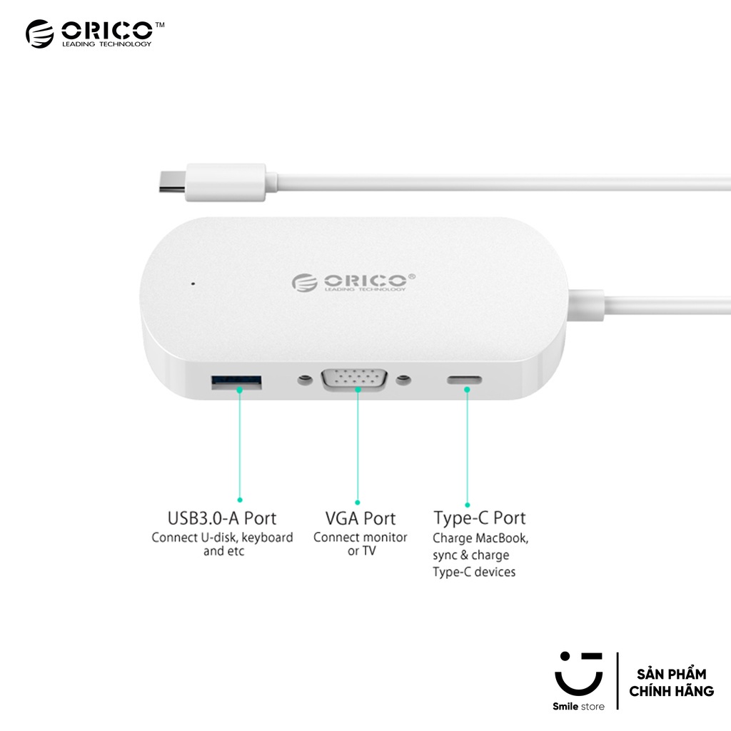 HUB Chuyển Đổi ORICO TCV1 USB Type C To VGA + USB 3.0 + USB C 3in1 - Màu Trắng - Chính Hãng