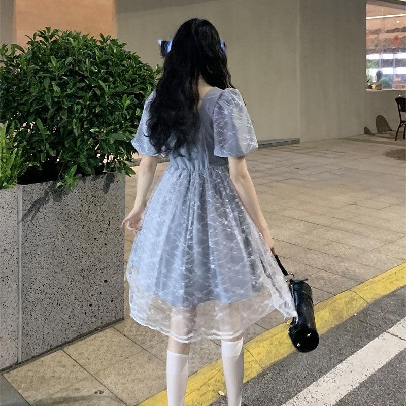 Đầm Chữ a Dài Qua Gối Tay Phồng Phối Lưới Thắt Nơ Phong Cách Hàn Quốc Thời Trang Mùa Hè Cho Nữ