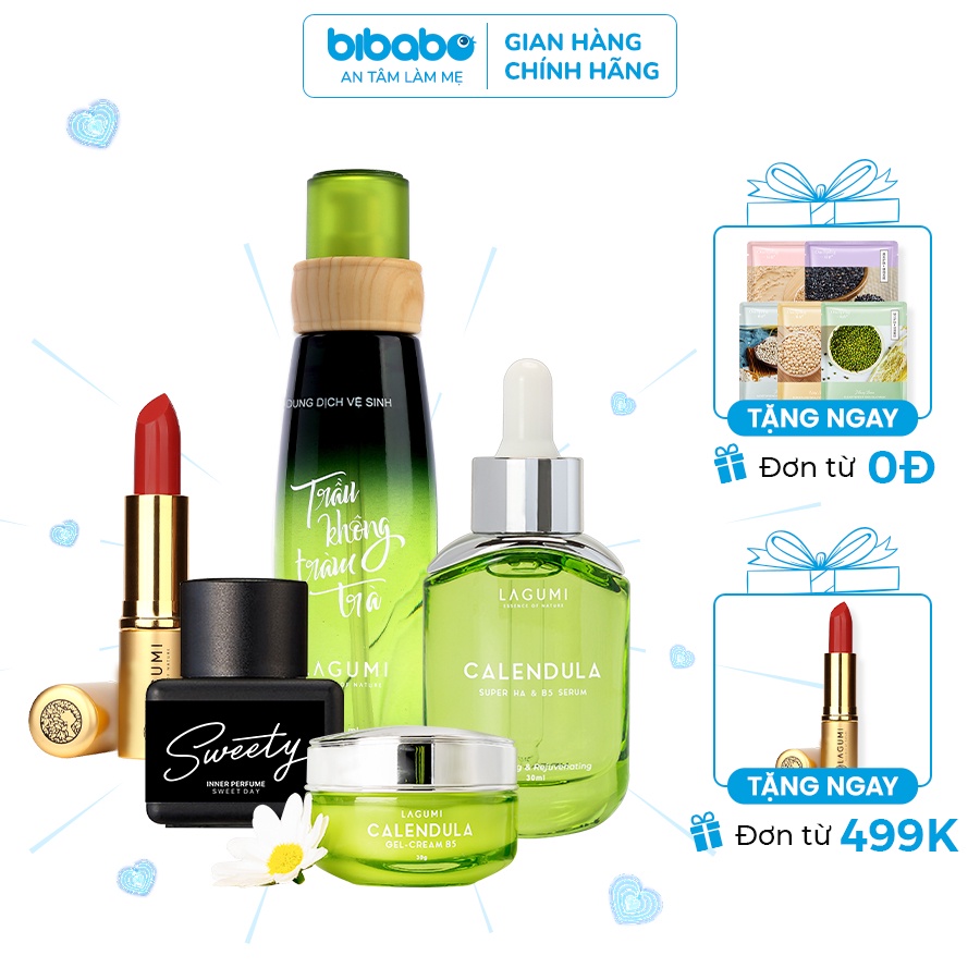 Set trọn bộ 5 sản phẩm của Lagumi Dung dịch vệ sinh trầu không, Nước hoa Lagumi, Son Lagumi, Kem dưỡng và Serum Lagumi