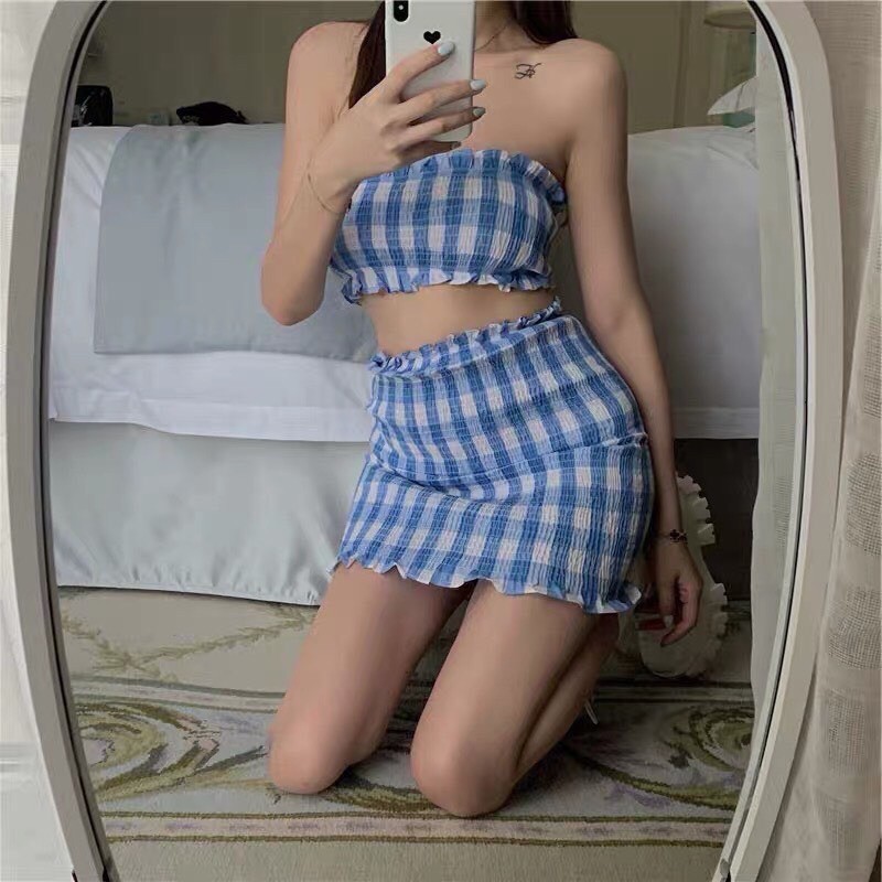 [Mã 2611THTRANG100K hoàn 10% xu đơn 99K] SET ĐẦM CARO KHOÉT EO KÈM KHOÁC XANH | BigBuy360 - bigbuy360.vn