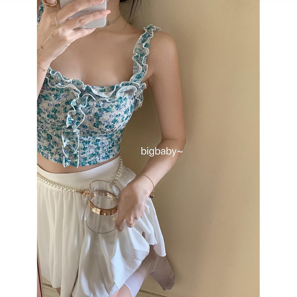 Áo Hoa Hai Dây Dáng Ngắn Phong Cách Retro Pháp Thời Trang Mùa Hè