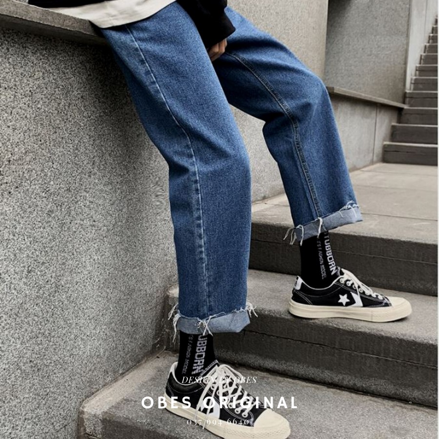 [OBES] Quần jeans nam xanh đậm cut gấu QXĐ0