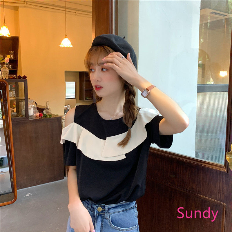 Áo Kiểu Vai Trần Phối Màu Tương Phản Thiết Kế Xinh Xắn Cho Nữ