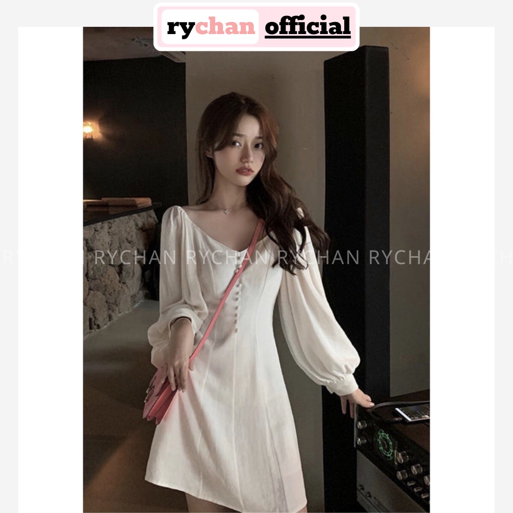 Đầm Trắng Xòe Tay Dài Phồng Nút Bọc Lót Trong Dày Dặn - DX967