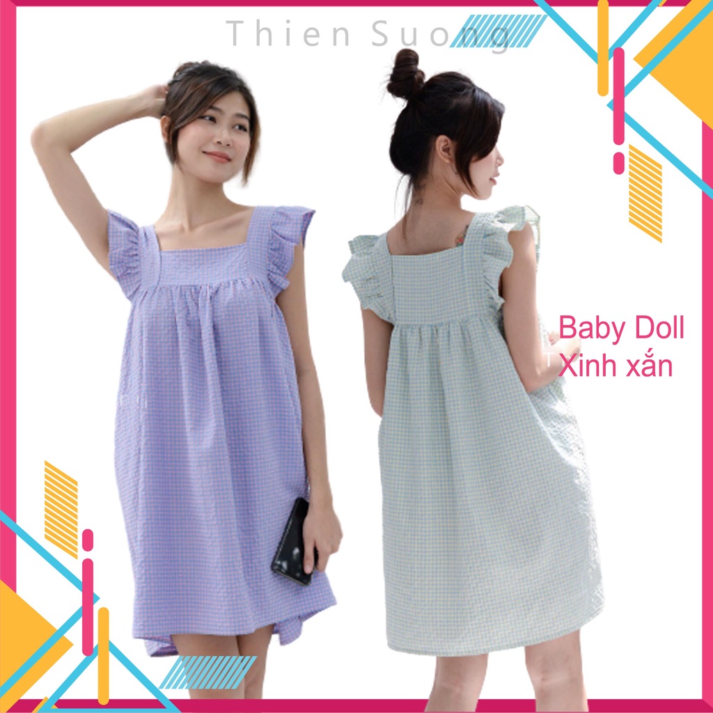 Đầm ngủ dễ thương hoạ tiết caro 💕FREESHIP💕 vải xô xốp cao cấp mềm mại thấm hút mồ hôi tốt - tay cánh tiên