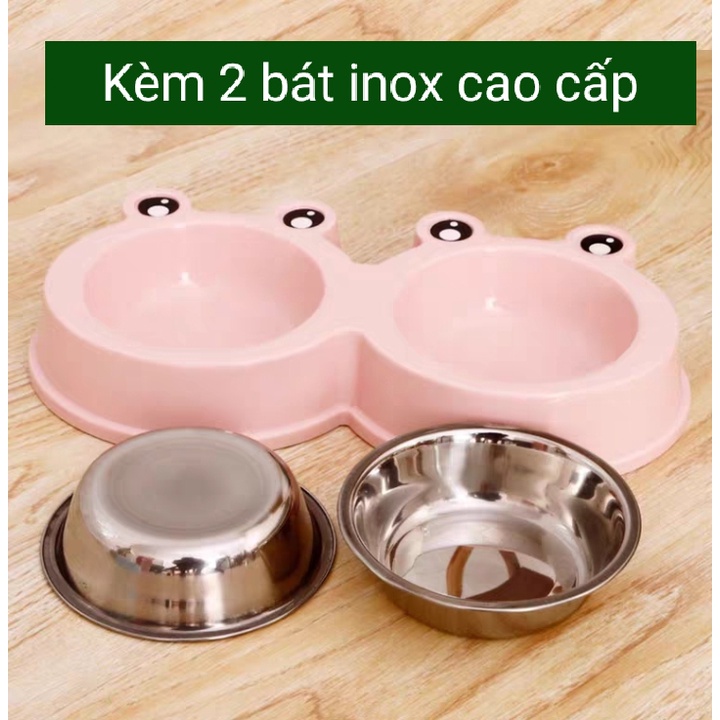 Chuẩn như hình - Bát Ăn Đôi Cho Chó Mèo Hình Ếch Kèm 2 Bát Inox Tháo Rời