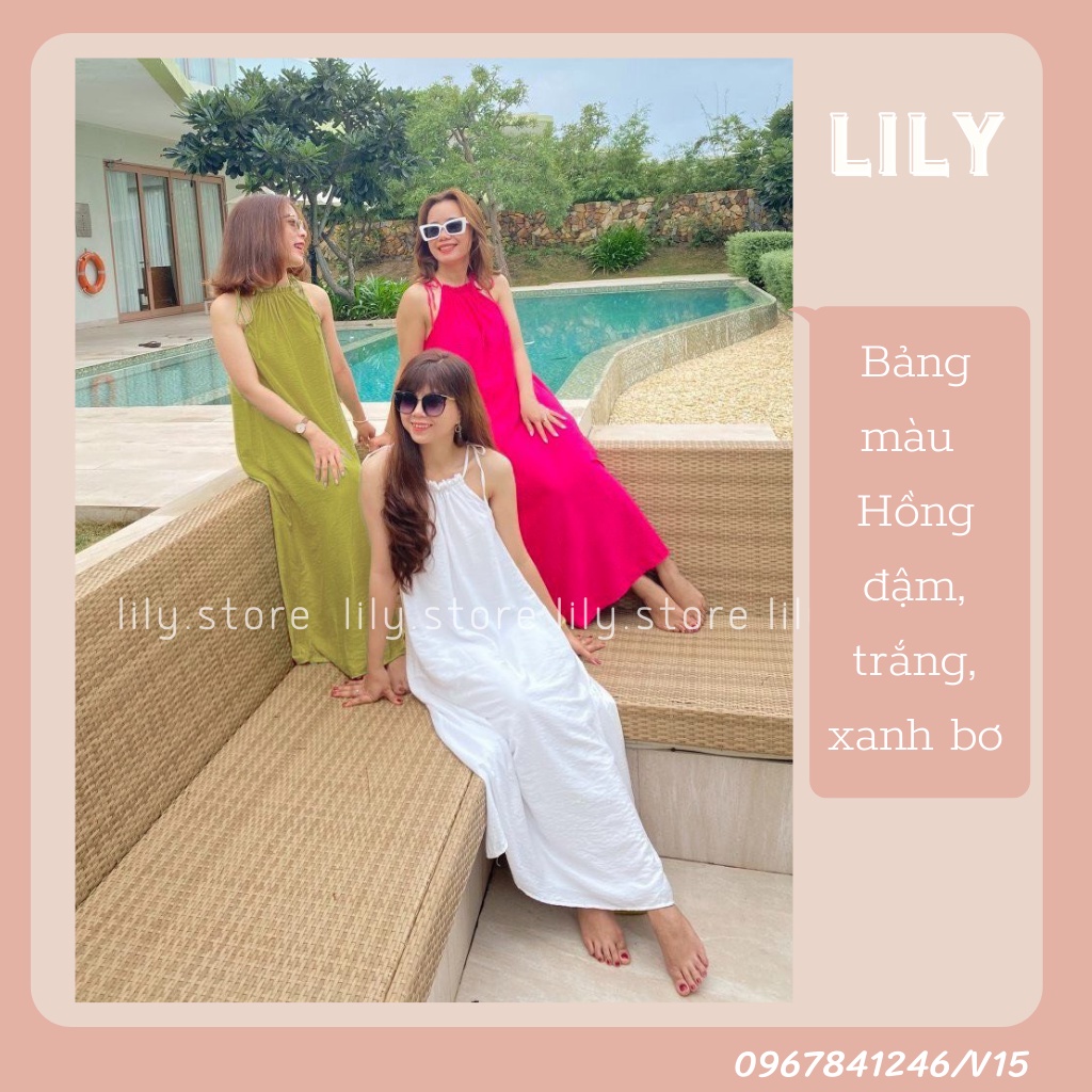 Đầm maxi đi biển hai dây, Váy maxi dáng suông chất đũi mát 3 màu trắng, xanh bơ, hồng đi biển cực xinh V15 LILY
