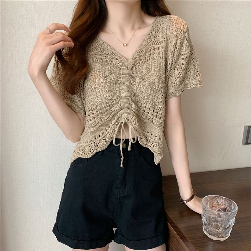 Áo Dệt Kim Tay Lửng Cổ Chữ v Thời Trang Hàn Quốc Cho Nữ