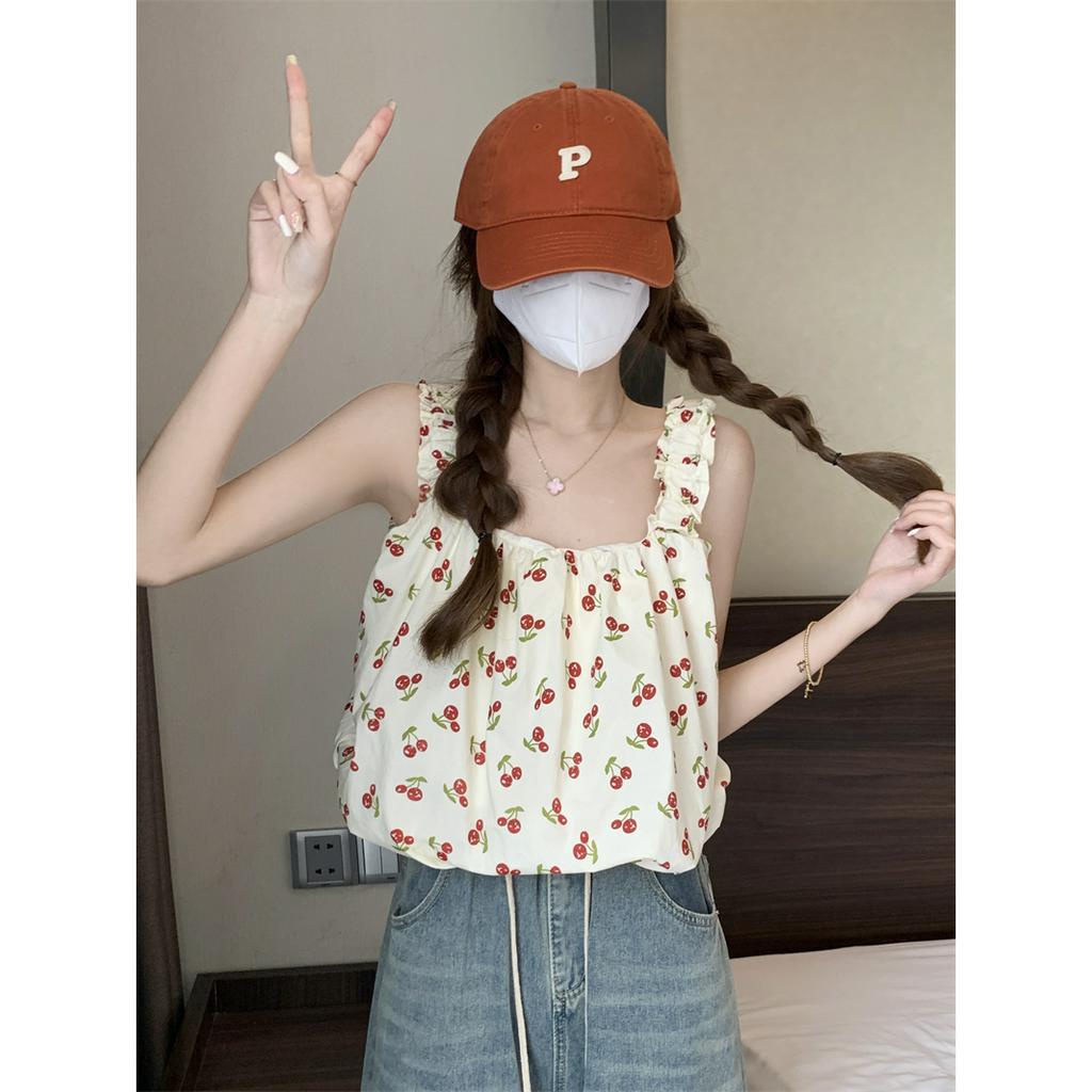 Porozi Áo croptop Hai Dây Cổ Vuông Họa Tiết Hoa Ngọt Ngào Thời Trang Mùa Hè