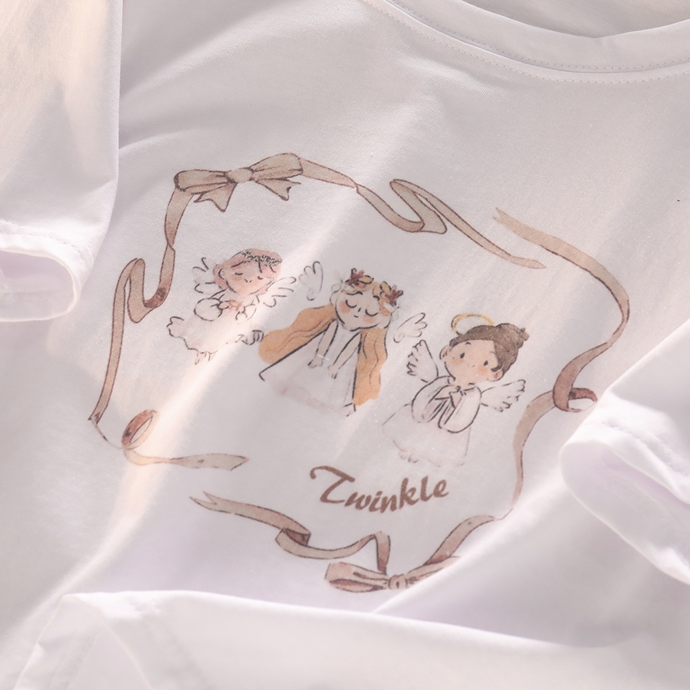 NUZIRO  Áo thun  tay ngắn cổ tròn in hình thiên thần nhỏ dễ thương thời trang cho nữ