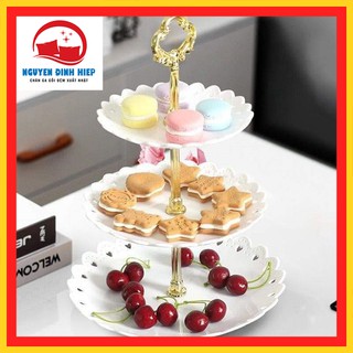 Khay đựng bánh kẹo 3 tầng💖FREESHIP💖Khay bánh kẹo 3 tầng bằng nhựa đựng hoa quả hình vuông hình tròn trục mạ vàng