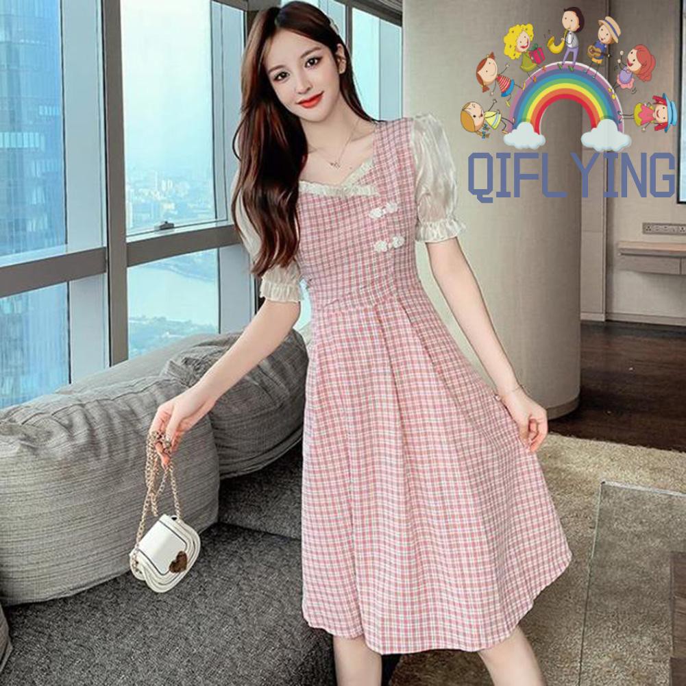 Đầm Nữ Tay Ngắn Cổ Vuông Họa Tiết Caro Thời Trang