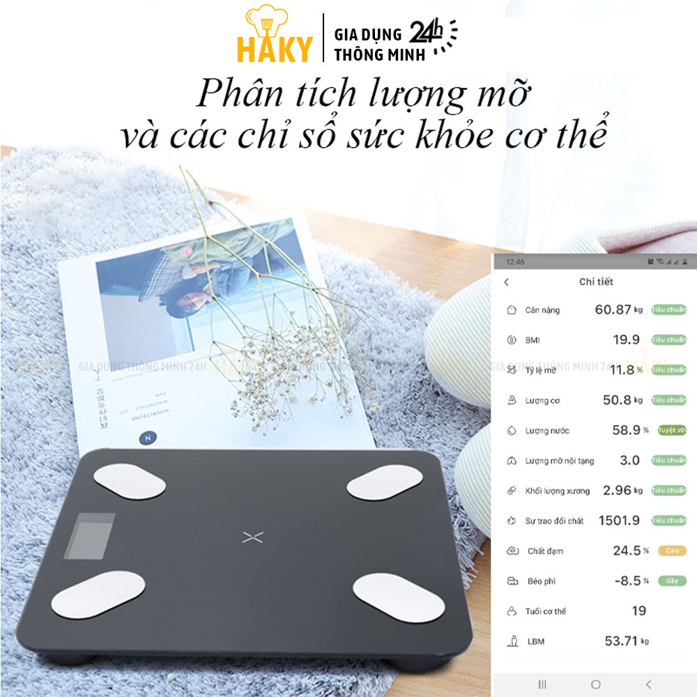 Cân điện tử đo chỉ số sức khỏe kết nối Bluetooth thông minh HAKY020, đo và phân tích lượng mỡ, cơ, nước qua app OKOK