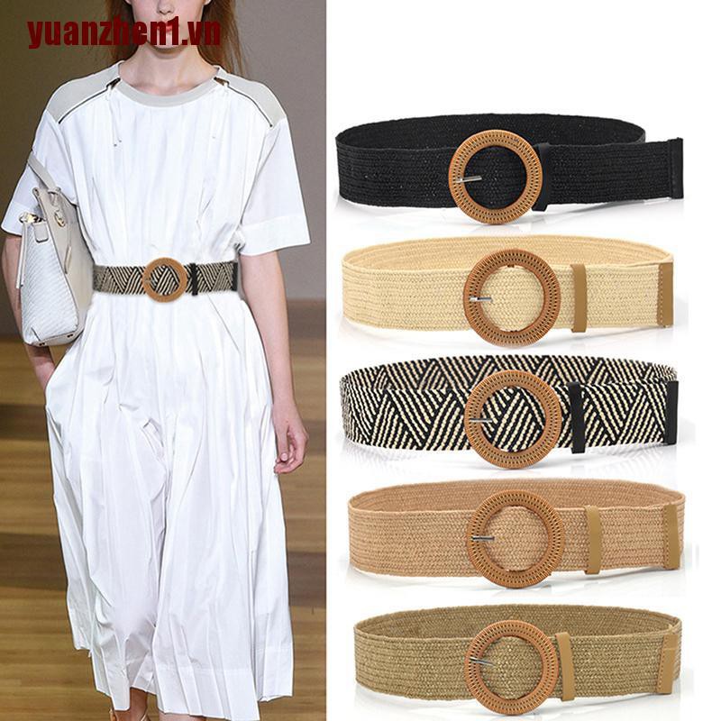 [Yuanzhen1] Thắt Lưng Rơm Dệt Khóa Tròn Co Giãn Phong Cách Boho Cổ Điển Mùa Hè Cho Nữ
