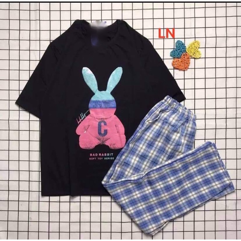 Sét áo 5D thỏ C +quần kẻ xanh LN12