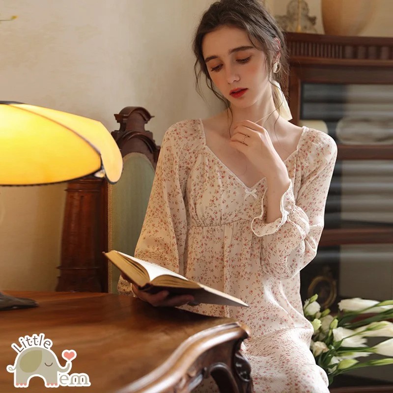 Váy ngủ tiểu thư dài tay chất lụa cao cấp - Hoa nhí
