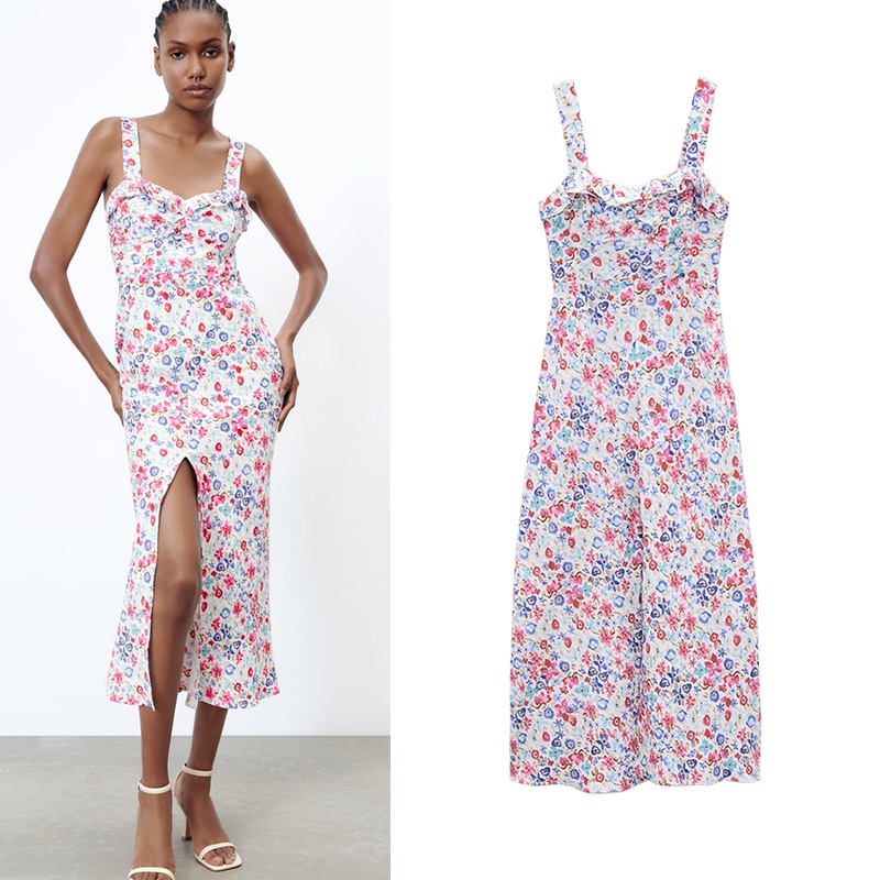 Zara Đầm MIDI Xếp Tầng Vải Lanh In Họa Tiết Quyến Rũ Thời Trang Mùa Hè Cho Nữ 0387072