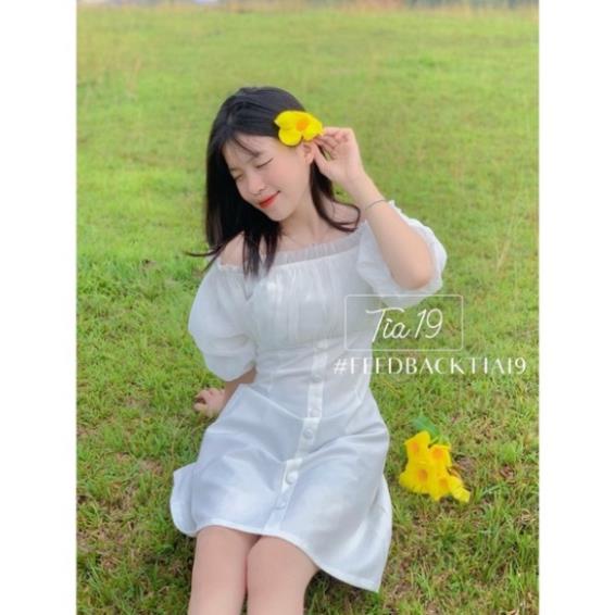Váy trắng cúc bọc trễ vai tiểu thư dáng xoè | BigBuy360 - bigbuy360.vn