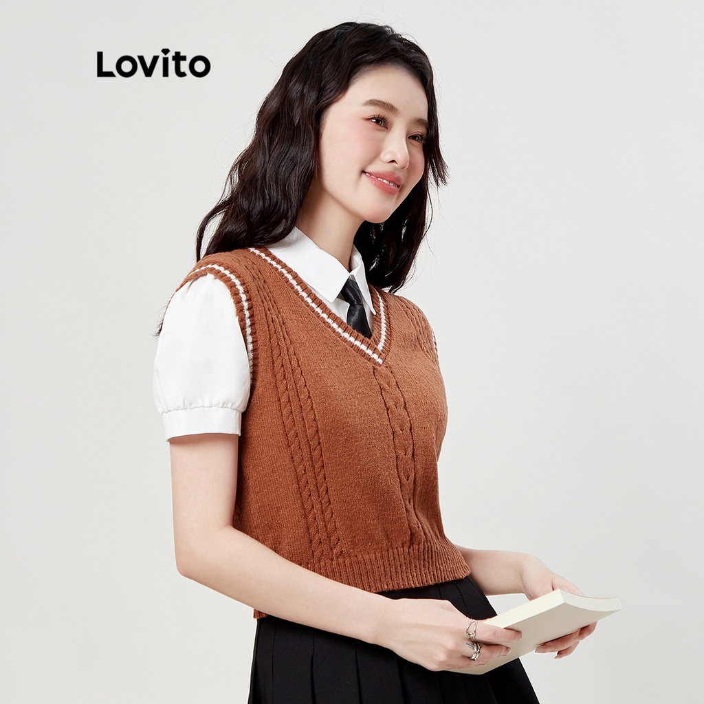 Lovito Preppy Colorblock V Cổ nữ dệt kim trên cùng L33ED056 (Nâu)