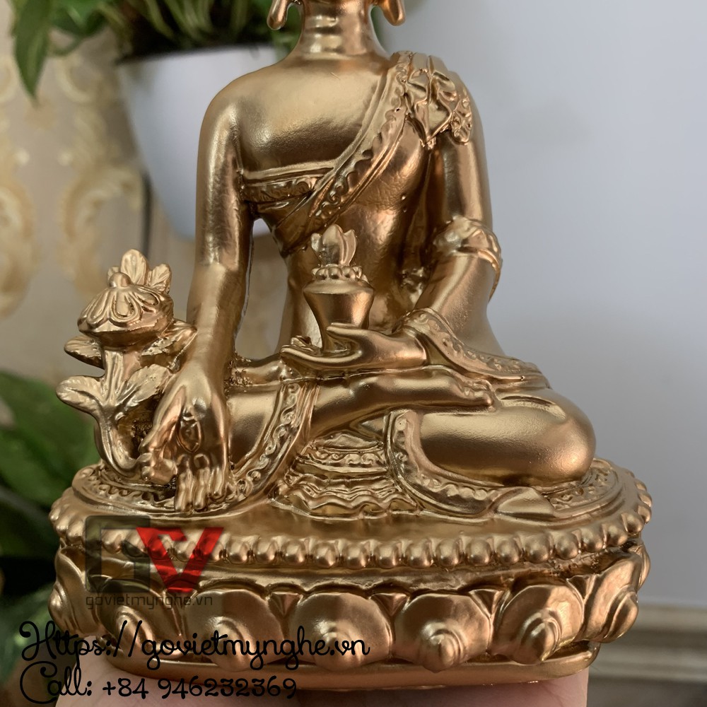 Tượng đá trang trí Phật Dược Sư Lưu Lý Quang ngồi trên đài sen - Chiều cao 16cm - Màu nhũ đồng