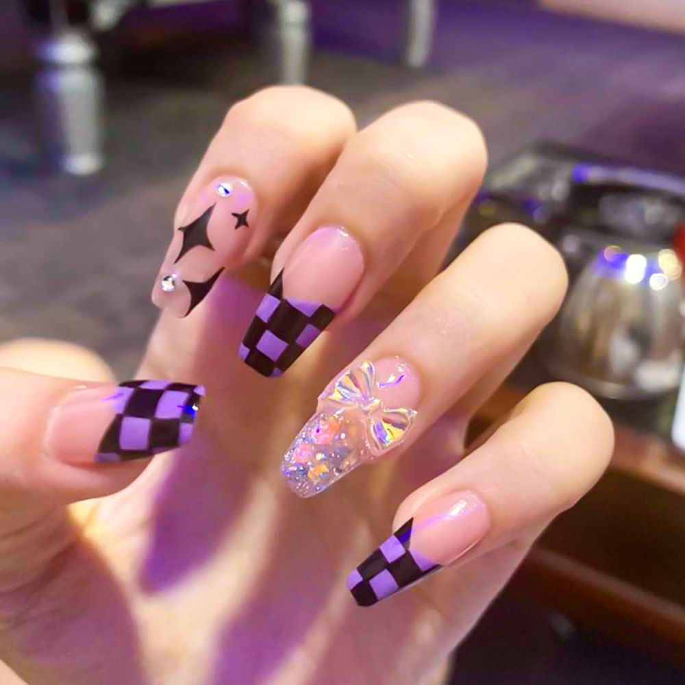 [Hàng mới về] Miếng dán trang trí móng tay họa tiết caro trắng đen phong cách Nhật Bản độc đáo DIY