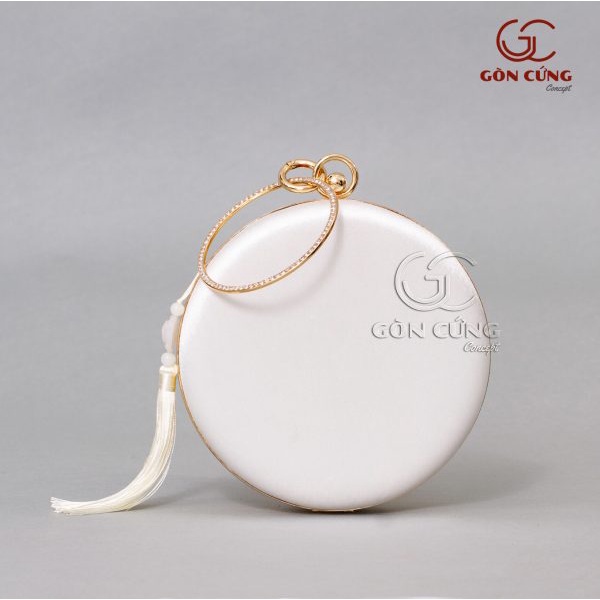 Túi Xách Nữ Kiểu Tròn Da Trắng Đính Hạt Cườm Sang Trọng - Gòn Cứng