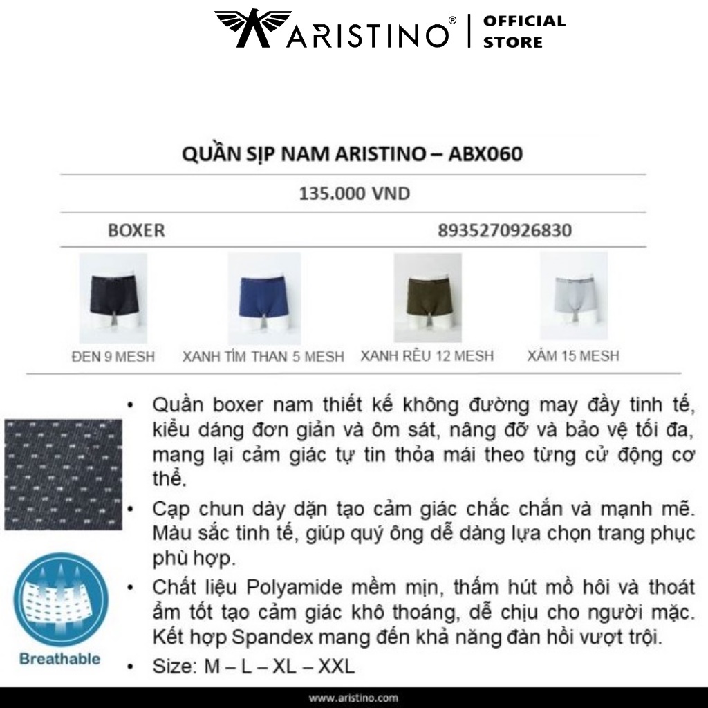 Quần Lót Nam Boxer Aristino ABX060 Sịp Lưới Đùi Nam Quần Xì Chất Polyamide Mềm Mịn Co Giãn Thấm Hút Thoát Ẩm Khử Mùi