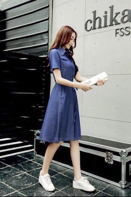 Đầm jean xoè eo dây rút