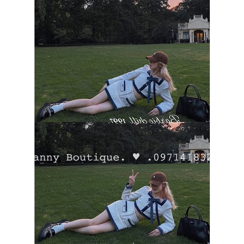 Set tweed trắng croptop viền pha nhung+chân váy, style ulzzang Hàn Quốc🌻 Panny Boutique 🌻