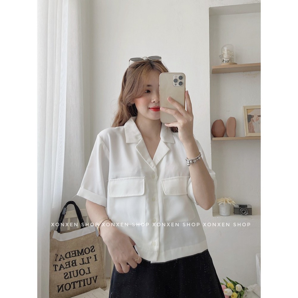 ÁO SƠ MI NỮ XONXEN SHOP, áo sơ mi cổ vest túi trước, freesize, mã 43