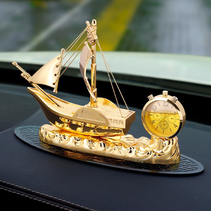 Tượng thuyền buồm tích hợp đồng hồ kèm nước hoa trang trí A180184 - Chất liệu hợp kim mạ vàng
