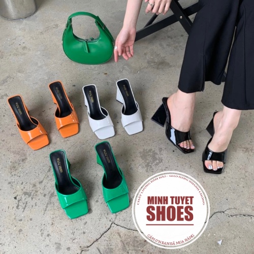 Guốc cao gót Minhtuyetshoes hở mũi quai ngang bản rộng- Guốc cao gót gót vuông xéo cao 9cm gót nai mã GCGV