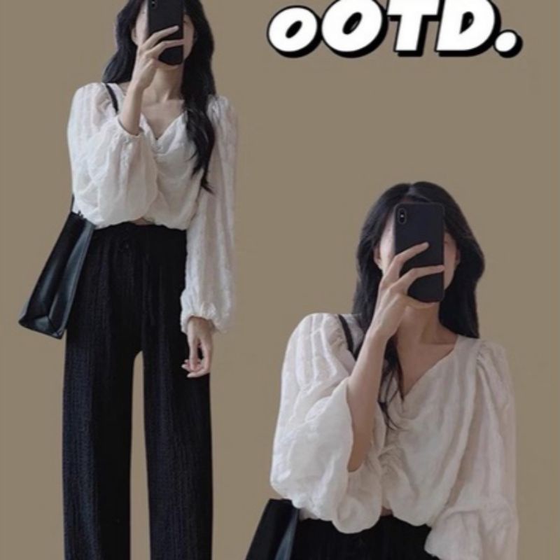 Set áo voan cổ V nhún Ulzzang kết hợp quần bom ống bo 2 màu (Sẵn/ảnh thật)