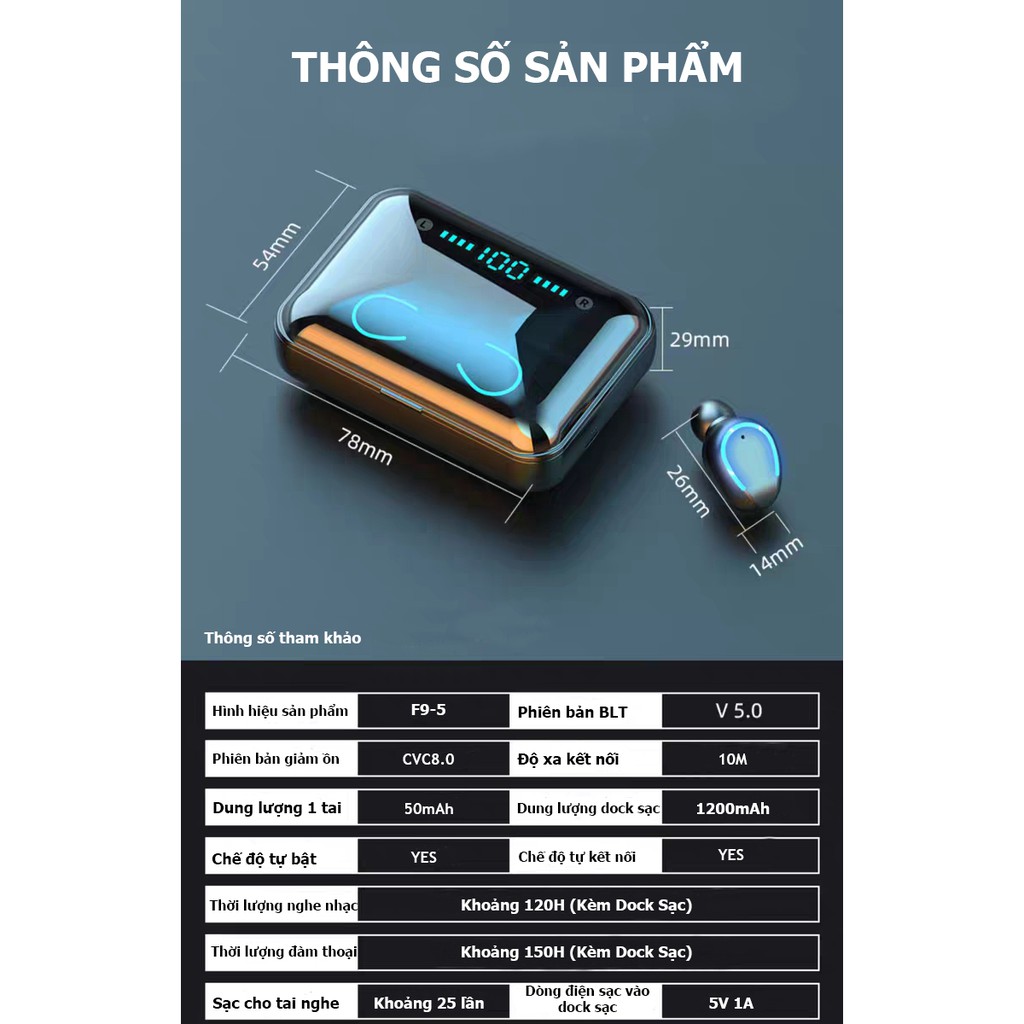 (Sản Phẩm Cao Cấp) Tai nghe Bluetooth Liên Thông True Wireless S9 - Khử tiếng ồn CVC8.0 - Pin khủng 120h