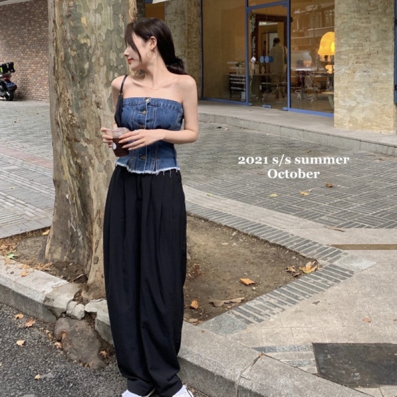 Áo Ống Ngắn Không Tay Vải Denim Thời Trang Mùa Hè Gợi Cảm Dễ Phối Đồ