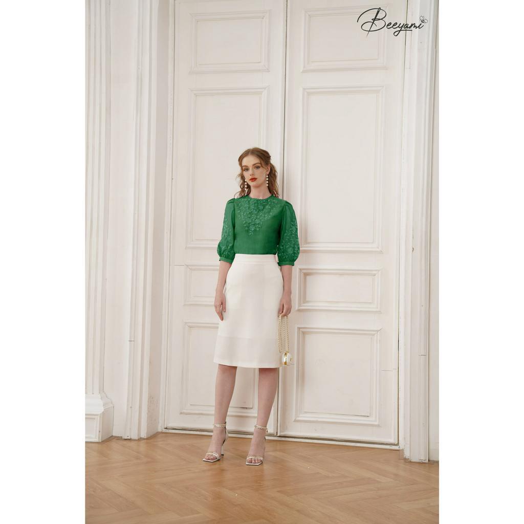 Áo Kiểu Cổ Tròn Tơ Thêu Hoa, Vải tơ cao cấp không co giãn, có 2 mầu: Màu hồng, Xanh lá - BM0036