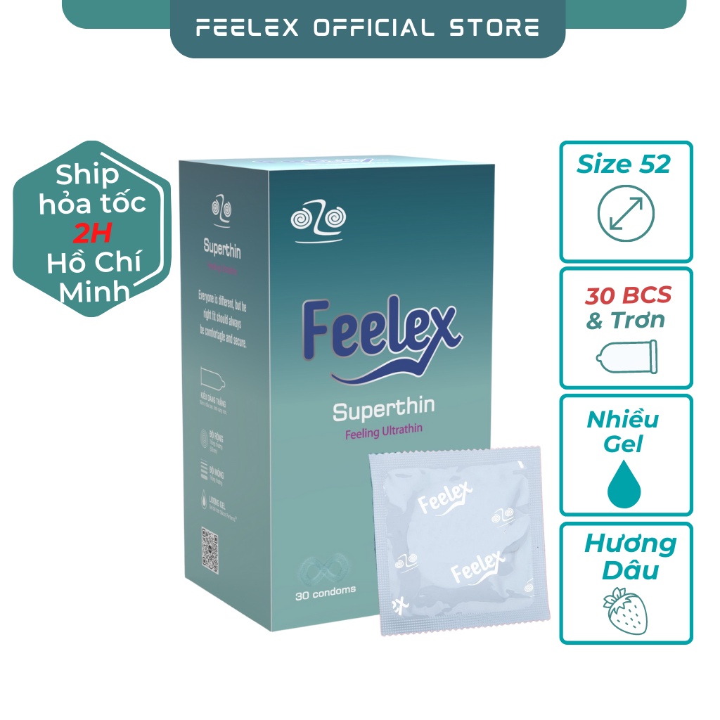 Bao cao su Feelex superthin mỏng, nhiều gel, hương dâu hộp 30c