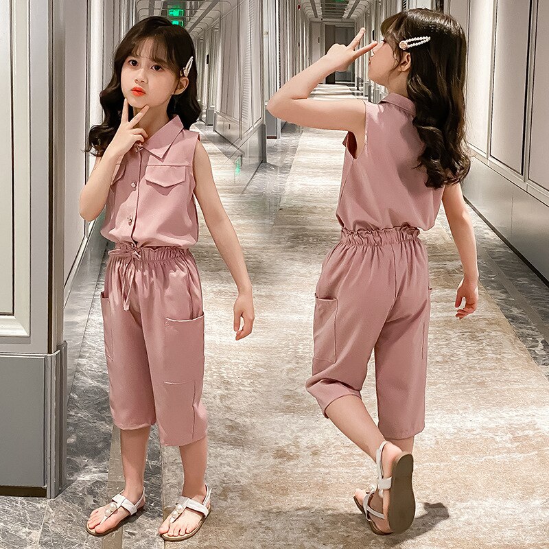 Bộ Áo Thun Không Tay + Quần Ngắn Thời Trang Mùa Hè Dành Cho Bé Gái 5-12 Tuổi