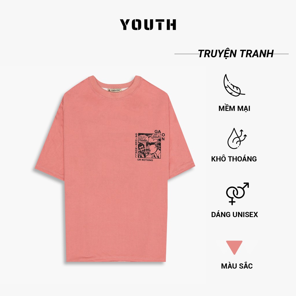 Áo thun nam nữ unisex YOUTH form rộng cổ tròn tay lỡ vải Cotton xịn FreeSize(38-65Kg) - Hồng Truyện Tranh - AP35