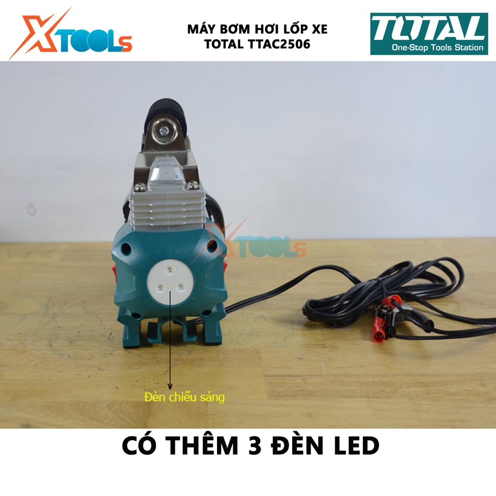 Máy bơm hơi lốp xe ô tô Total TTAC2506  | máy nén khí mini áp suất tối đa 110 psi. lưu lượng khí, đường kính xilanh: 30m