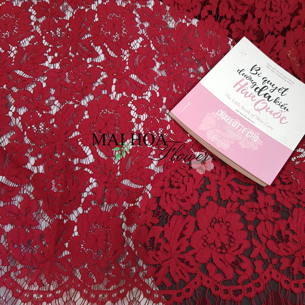 Vải ren đỏ thêu hoa dùng làm vải may đồ mềm có co giãn 150x150cm, Maihoaflower