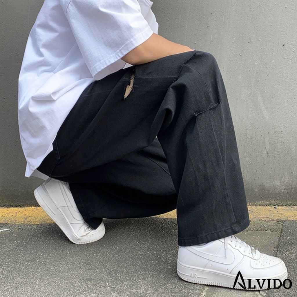 Quần jean ống rộng  ALVIDO unisex hai màu đen trắng QD23