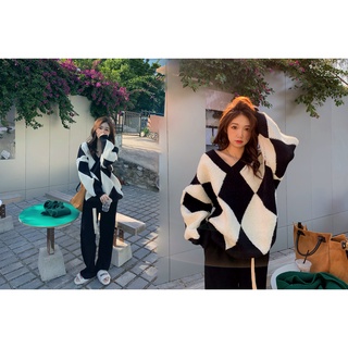👗👗áo sweater dệt kim cổ chữ v dáng rộng thêu họa tiết kiểu retro hàn quốc