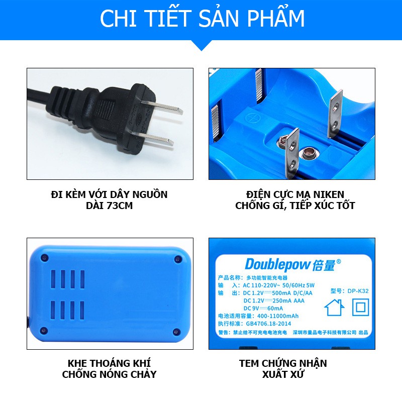 Bộ sạc pin đại đa năng thông minh tự ngắt Doublepow K32 - Chính hãng