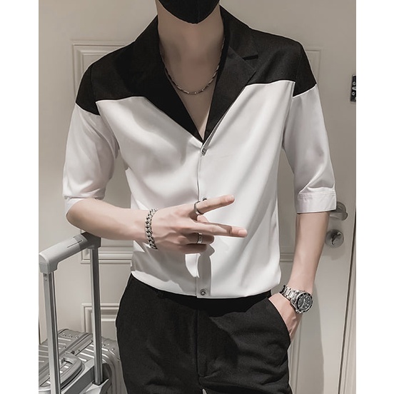 Áo Sơ Mi, Áo Sơ Mi Nam phối Vai cách điệu 2 màu Đen - Trắng sang trọng lịch lãm, trẻ trung T1 hàng thiết kế tại xưởng.