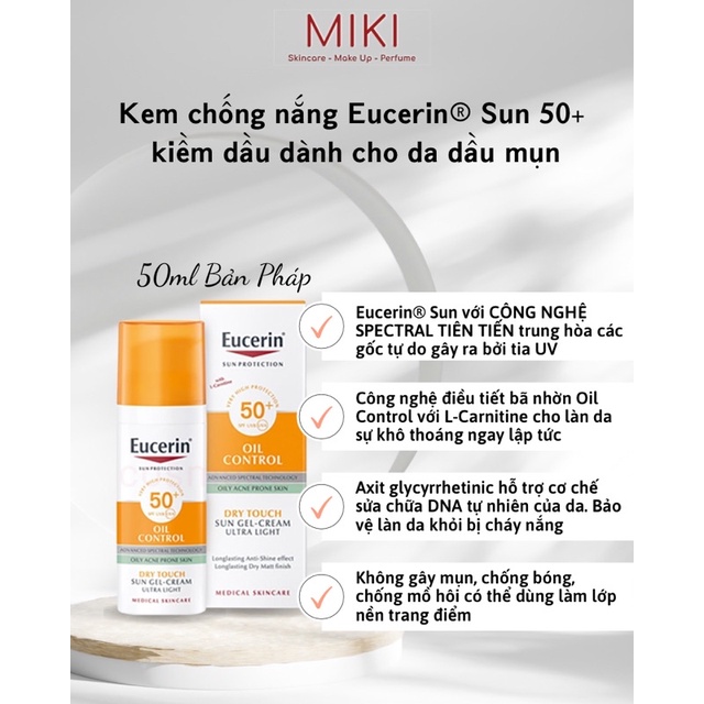 Kem Chống Nắng eucerin kiềm Dầu Cho Da Dầu Mụn mẫu mới không mùi bản Pháp